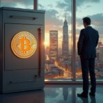 Finance official next to a Bitcoin vault acting as collateral, against an urban New Hampshire landscape.