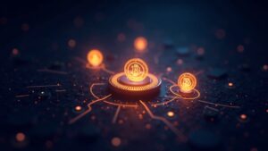 Three brilliant crypto tokens MYX, IRYS and MON orbit over a digital grid; background with a glow inspired by Binance.