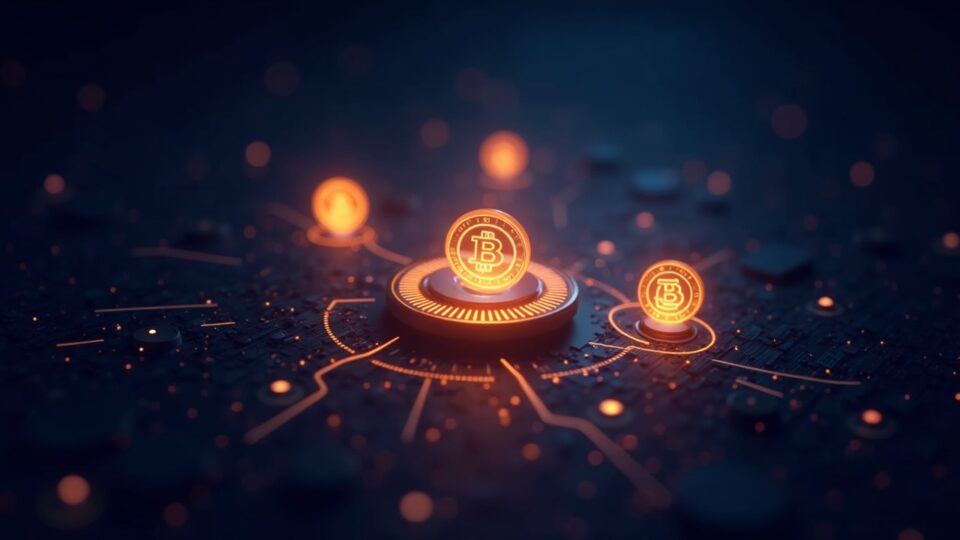 Three brilliant crypto tokens MYX, IRYS and MON orbit over a digital grid; background with a glow inspired by Binance.