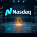 Realistic boardroom with a Toncoin hologram and Nasdaq logo, illustrating regulatory scrutiny and crypto treasury.