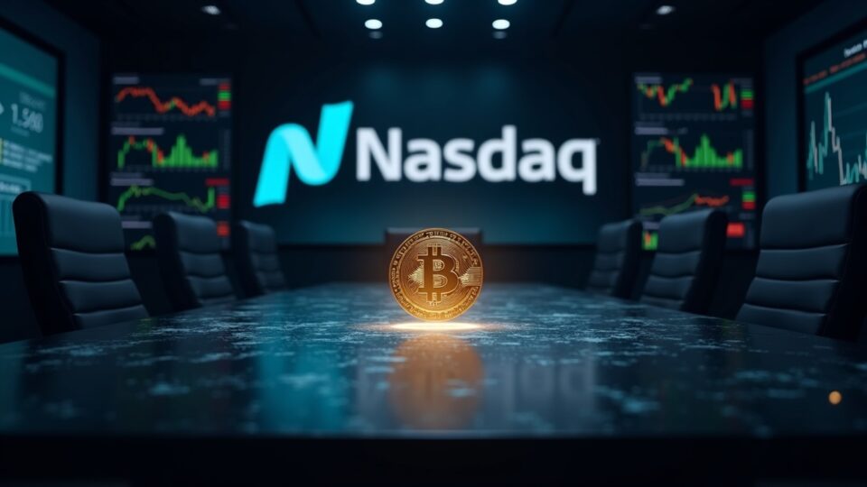 Realistic boardroom with a Toncoin hologram and Nasdaq logo, illustrating regulatory scrutiny and crypto treasury.