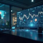 Analyst at a modern desk, holographic screens show Bitcoin falling and gold and bonds rising in 2025.