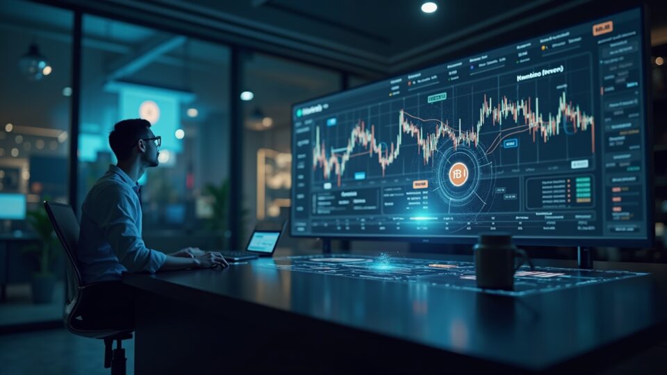 Analyst at a modern desk, holographic screens show Bitcoin falling and gold and bonds rising in 2025.