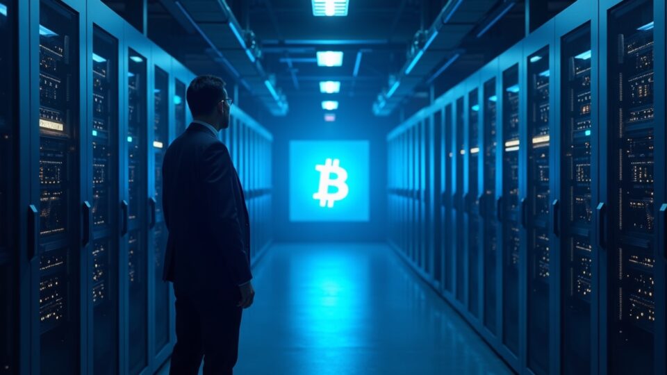 Bitcoin mining farm with ASICs, blue lighting, supervisor observes BTC price around 100k and regulatory symbol.