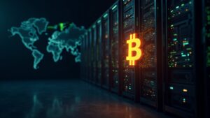 Illuminated Nvidia GPU server next to a holographic Bitcoin, with a world map and regulatory tensions in the background.