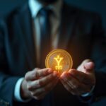 Financial executive looks at the bright YLDS stablecoin, with bonds and blockchain code in the background, showcasing regulated institutional finance.