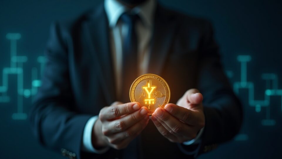 Financial executive looks at the bright YLDS stablecoin, with bonds and blockchain code in the background, showcasing regulated institutional finance.