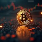 Photorealistic header with centered Bitcoin logo, blurred ETF tickers and price charts, background in dollar tone.