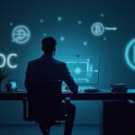 Finance executive in a modern office, with Paystand and Bitwage logos and USDC symbols, highlighting payroll in stablecoins.