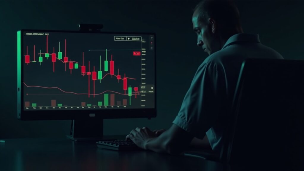 Crypto trader at a modern desk with DOT chart, 4% drop and resistance at 2,40, red and green candles.