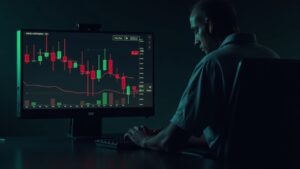 Crypto trader at a modern desk with DOT chart, 4% drop and resistance at 2,40, red and green candles.