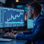 Trader focused in a trading room, screens with sports and political bets, Polymarket logo illuminated.