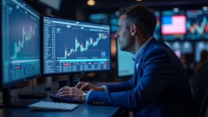 Trader focused in a trading room, screens with sports and political bets, Polymarket logo illuminated.