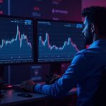 Photorealistic trader at neon desk, screen shows 436M USDC exiting and -24% chart on ledger, regulatory risk.