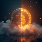 Bright quantum coin emerging over a cloud of qubits, eclipsing a blockchain ledger