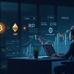 Cryptocurrency analyst at a modern desk, BTC, ETH and XRP logos in the foreground, rising charts and ETFs.