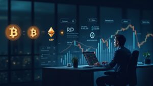 Cryptocurrency analyst at a modern desk, BTC, ETH and XRP logos in the foreground, rising charts and ETFs.
