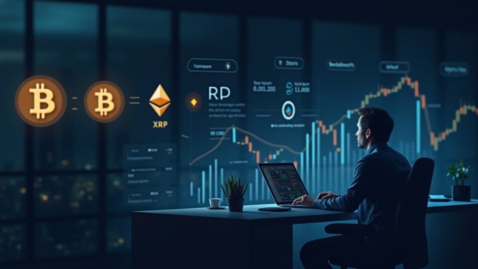 Cryptocurrency analyst at a modern desk, BTC, ETH and XRP logos in the foreground, rising charts and ETFs.