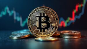 Bitcoin in the center with a split chart: blue-chips rise and altcoins fall, suggesting a K-shaped recovery and greater regulatory focus.