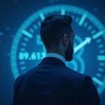 Realistic portrait of a retail investor in a newsroom, with a holographic Bitcoin orb at 89,613 and a blue background.