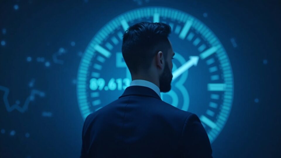 Realistic portrait of a retail investor in a newsroom, with a holographic Bitcoin orb at 89,613 and a blue background.