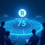 Revolut app icon above a glowing ledger showing 75B valuation with Coatue, NVIDIA, Fidelity logos.