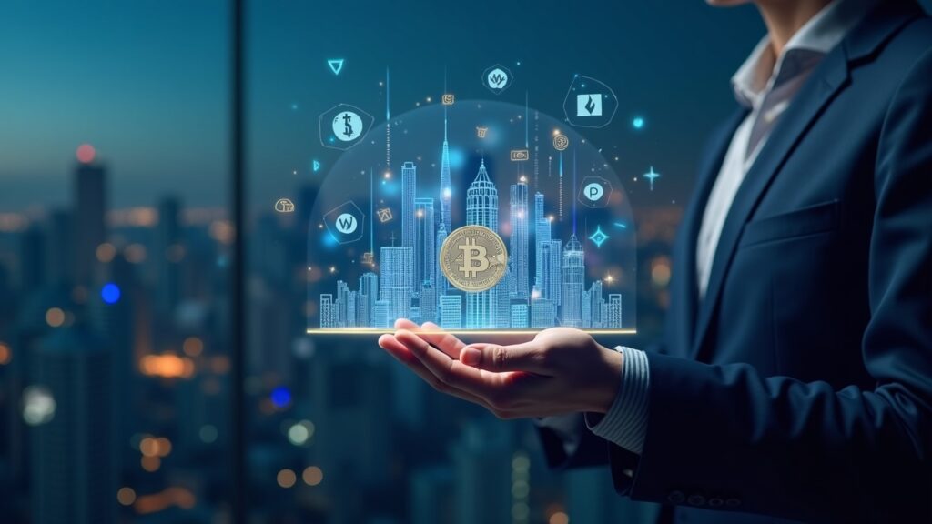Ripio executive before a holographic crypto treasury with BTC, ETH and the wARS logo, in front of a Latin American city.