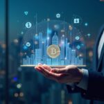 Ripio executive before a holographic crypto treasury with BTC, ETH and the wARS logo, in front of a Latin American city.