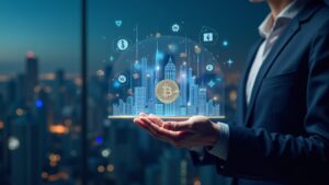 Ripio executive before a holographic crypto treasury with BTC, ETH and the wARS logo, in front of a Latin American city.