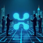 Ripple logo on a holographic city grid, flanked by executives, with a vault backdrop and a 40B valuation badge.