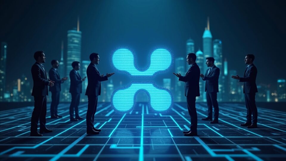 Ripple logo on a holographic city grid, flanked by executives, with a vault backdrop and a 40B valuation badge.