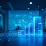 Photorealistic fintech headquarters with blue holographic charts, acquisition blocks and a declining XRP dashboard