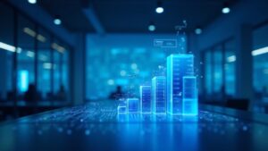 Photorealistic fintech headquarters with blue holographic charts, acquisition blocks and a declining XRP dashboard