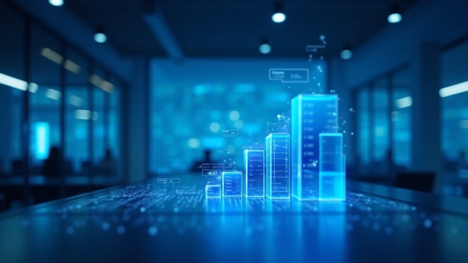 Photorealistic fintech headquarters with blue holographic charts, acquisition blocks and a declining XRP dashboard