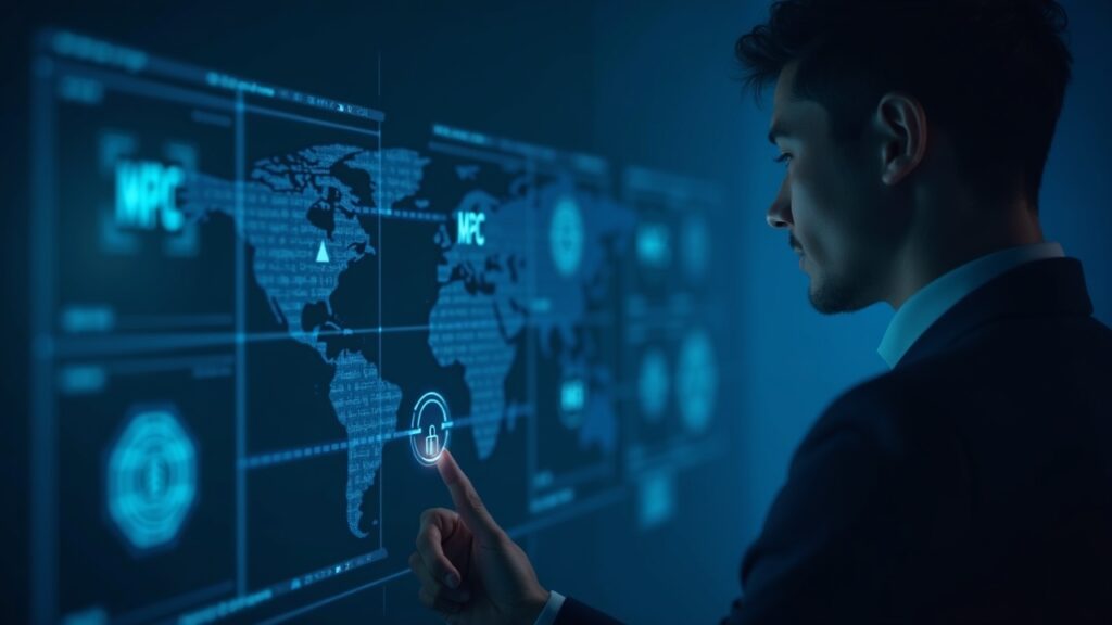 Corporate executive in a fintech hub observes a secure custody dashboard with MPC and zero-trust, connecting global banks.