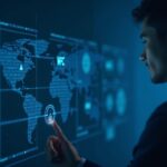 Corporate executive in a fintech hub observes a secure custody dashboard with MPC and zero-trust, connecting global banks.
