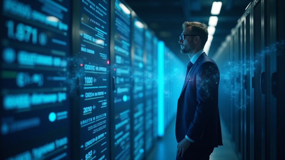 Executive in data center observes a holographic XRP ledger with RLUSD, investment of 500 M led by Fortress and Citadel.