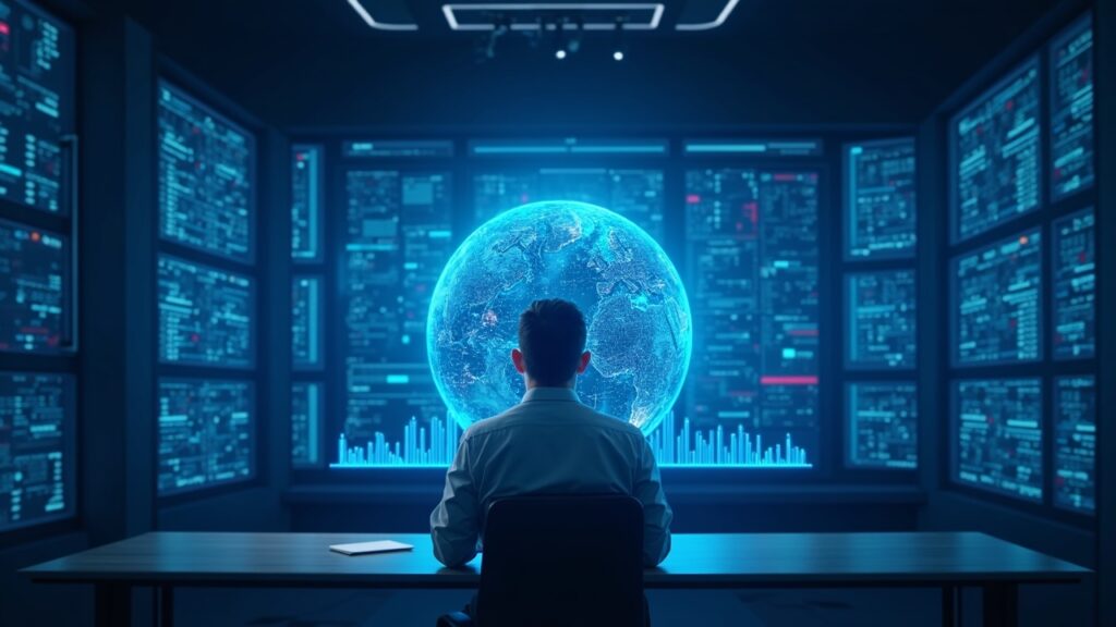 Analyst in a news room, rising holographic charts, blue GPU racks and a luminous blockchain globe.