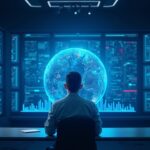 Analyst in a news room, rising holographic charts, blue GPU racks and a luminous blockchain globe.