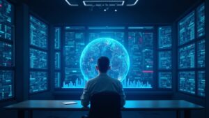 Analyst in a news room, rising holographic charts, blue GPU racks and a luminous blockchain globe.