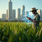 Brazilian farmer in a field uses tablet with holographic blockchain nodes and city skyline, fintech microloans theme.