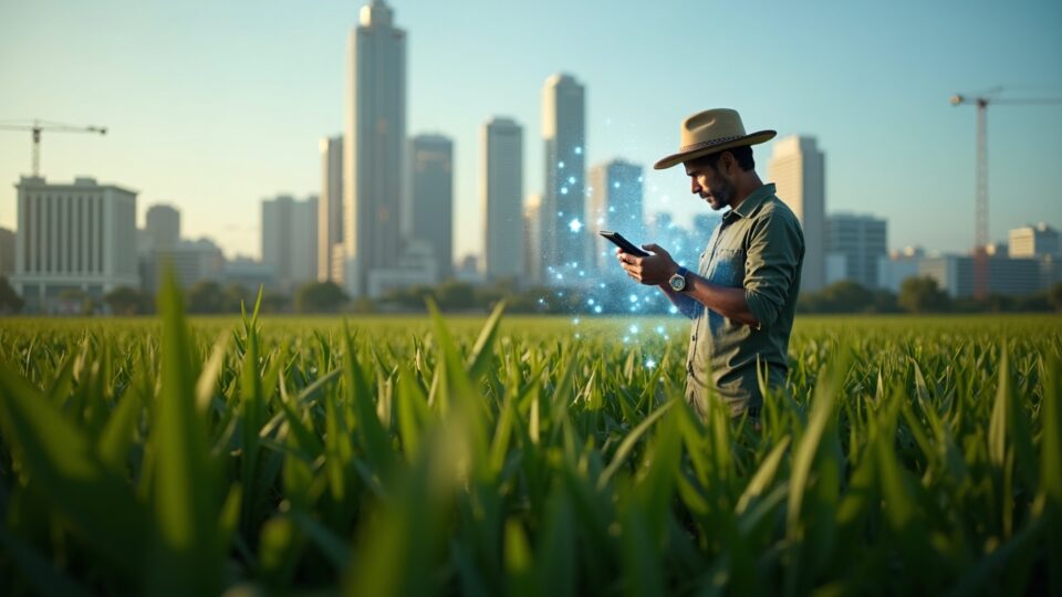 Brazilian farmer in a field uses tablet with holographic blockchain nodes and city skyline, fintech microloans theme.