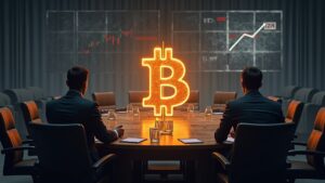 Bitcoin logo on a boardroom table, a cautious executive, ETFs fading towards a distant S&P 500 sign.