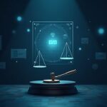 Ledger of tokenized stocks over an exchange, with a gavel and a holographic scale symbolizing investor protection.
