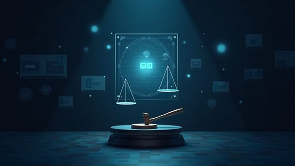 Ledger of tokenized stocks over an exchange, with a gavel and a holographic scale symbolizing investor protection.