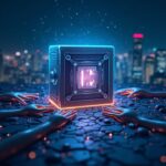 Futuristic bank vault with glowing blockchain, MPC fragments in hands, city and the SGB-Fireblocks brand.