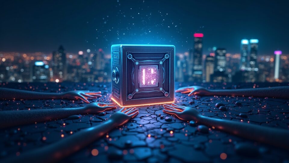 Futuristic bank vault with glowing blockchain, MPC fragments in hands, city and the SGB-Fireblocks brand.