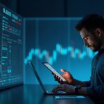 Market analyst observes Bitcoin chart with SOPR and on-chain data, nodes in the background.