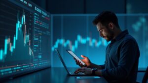 Market analyst observes Bitcoin chart with SOPR and on-chain data, nodes in the background.
