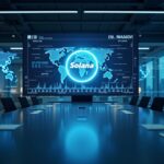 Boardroom with Solana logo and holographic charts of rising ETF flows; institutional traders.